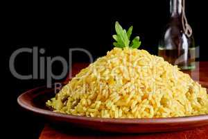 Risotto with Saffron on wooden table