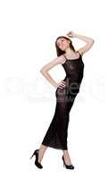 Cute slim model posing in long black negligee
