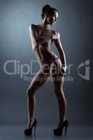 Slender graceful model posing topless in studio