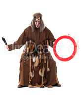 Aggressive middle-aged shaman posing at camera