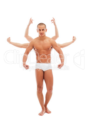 Attractive young man posing with many arms