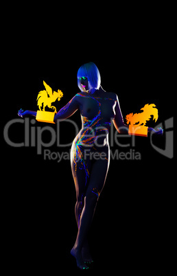 Nude model posing with creative UV pattern on body
