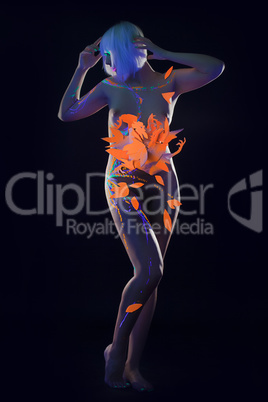 Nude girl posing with ultraviolet pattern on body