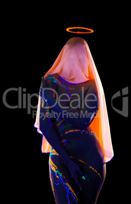 Faceless woman with halo and neon pattern on body