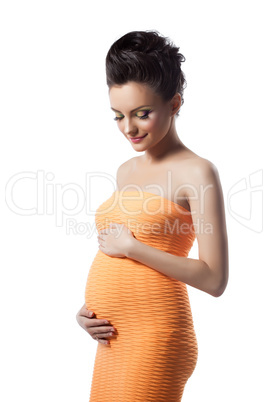 Happy stylish pregnant woman isolated on white
