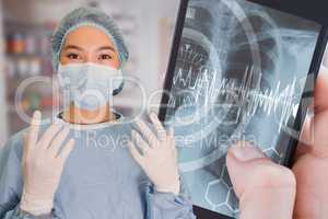 Composite image of portrait of surgeon woman reading for surgery