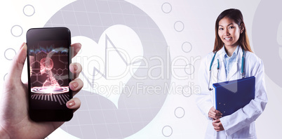 Composite image of asian doctor holding blue binder
