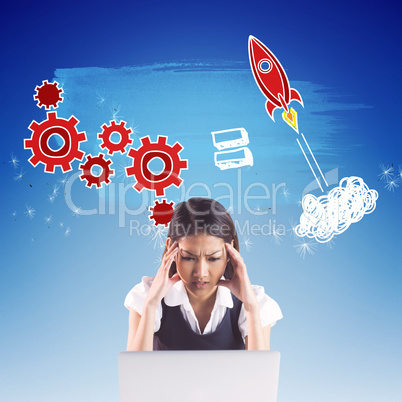 Composite image of nervous businesswoman using a laptop
