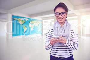 Composite image of smiling asian woman using smartphone
