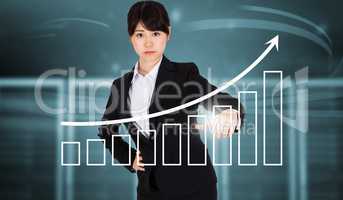 Composite image of focused businesswoman pointing