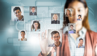 Composite image of serious businesswoman showing her hands