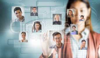 Composite image of serious businesswoman showing her hands