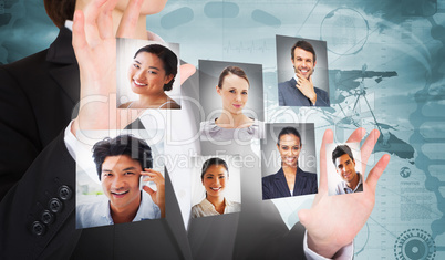 Composite image of businesswoman presenting