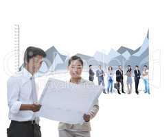 Composite image of estate agent and buyer looking at blueprint