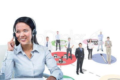 Composite image of smiling businesswoman using headset