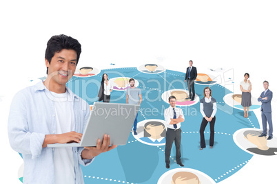 Composite image of smiling male with his laptop