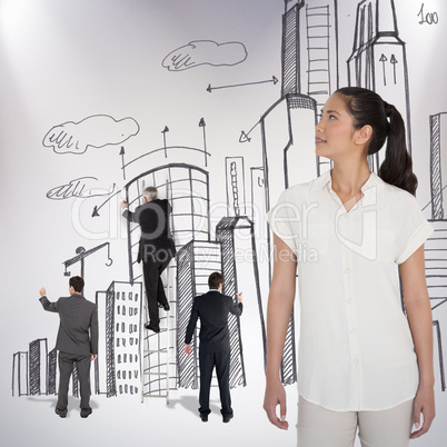 Composite image of casual businesswoman looking and smiling Composite image of casual businesswoman looking and smiling