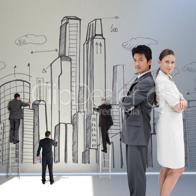 Composite image of portrait of business people standing back-to-