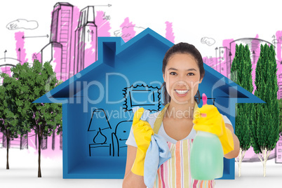 Composite image of cheerful woman holding up spray bottle