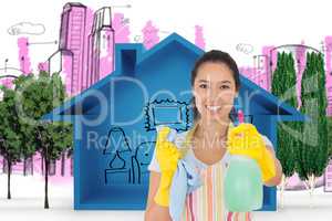 Composite image of cheerful woman holding up spray bottle