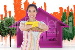 Composite image of smiling woman leaning on mop