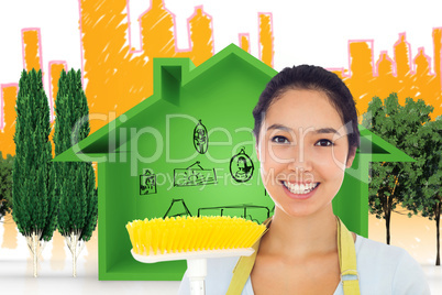 Composite image of happy woman with brush