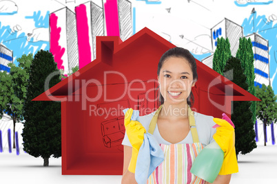 Composite image of woman holding cloth and spray bottle