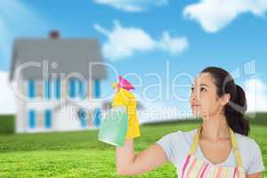 Composite image of young woman spraying cleaner