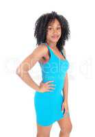 African American woman in blue dress.