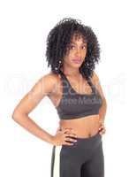 African American woman in exercise outfit.