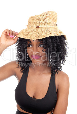 African American woman with straw hat.