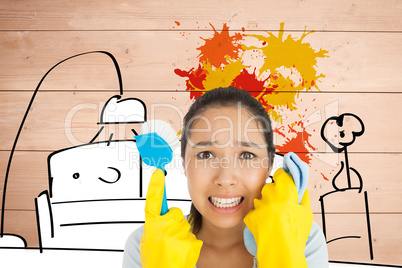 Composite image of distressed woman holding cloth and scrubbing