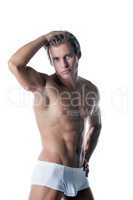 Shot of handsome muscular man advertises underwear
