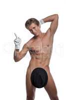 Smiling naked guy posing in gloves with hat
