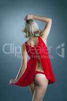 Rear view of slim blonde posing in erotic negligee