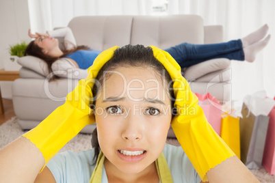 Composite image of stressed out woman