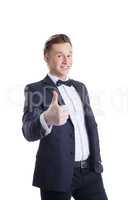 Image of cheerful businessman showing thumbs up