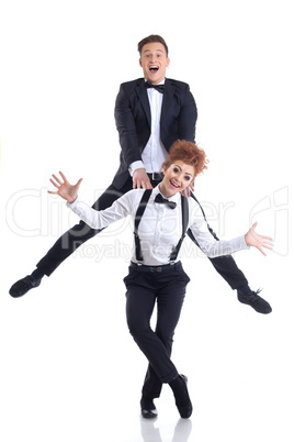 Cheerful young gymnasts posing as office workers
