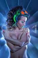 Hot topless woman with ultraviolet makeup