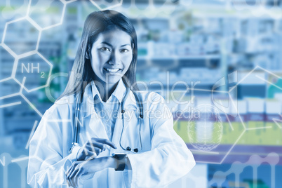 Composite image of asian doctor using her smart watch