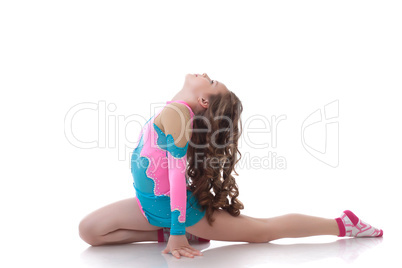 Flexible curly little gymnast isolated on white