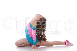 Flexible curly little gymnast isolated on white