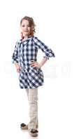 Cute little fashionista posing in checkered tunic