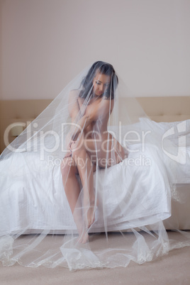 Beautiful dark-haired bride posing naked in veil