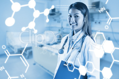 Composite image of asian doctor holding blue binder