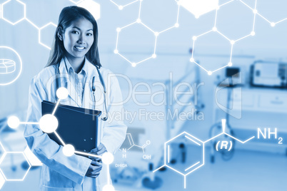 Composite image of asian doctor holding blue binder