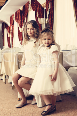 Image of pretty young sisters posing in restaurant