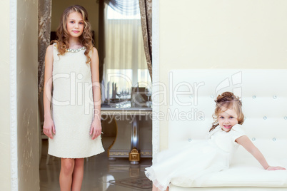 Two beautiful sisters posing in restaurant