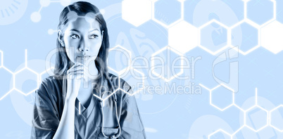 Composite image of asian nurse thinking with hand on chin