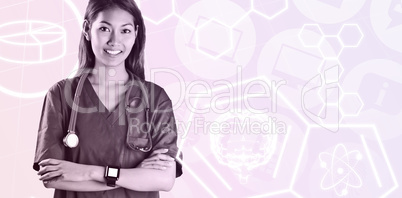 Composite image of asian nurse with stethoscope crossing arms